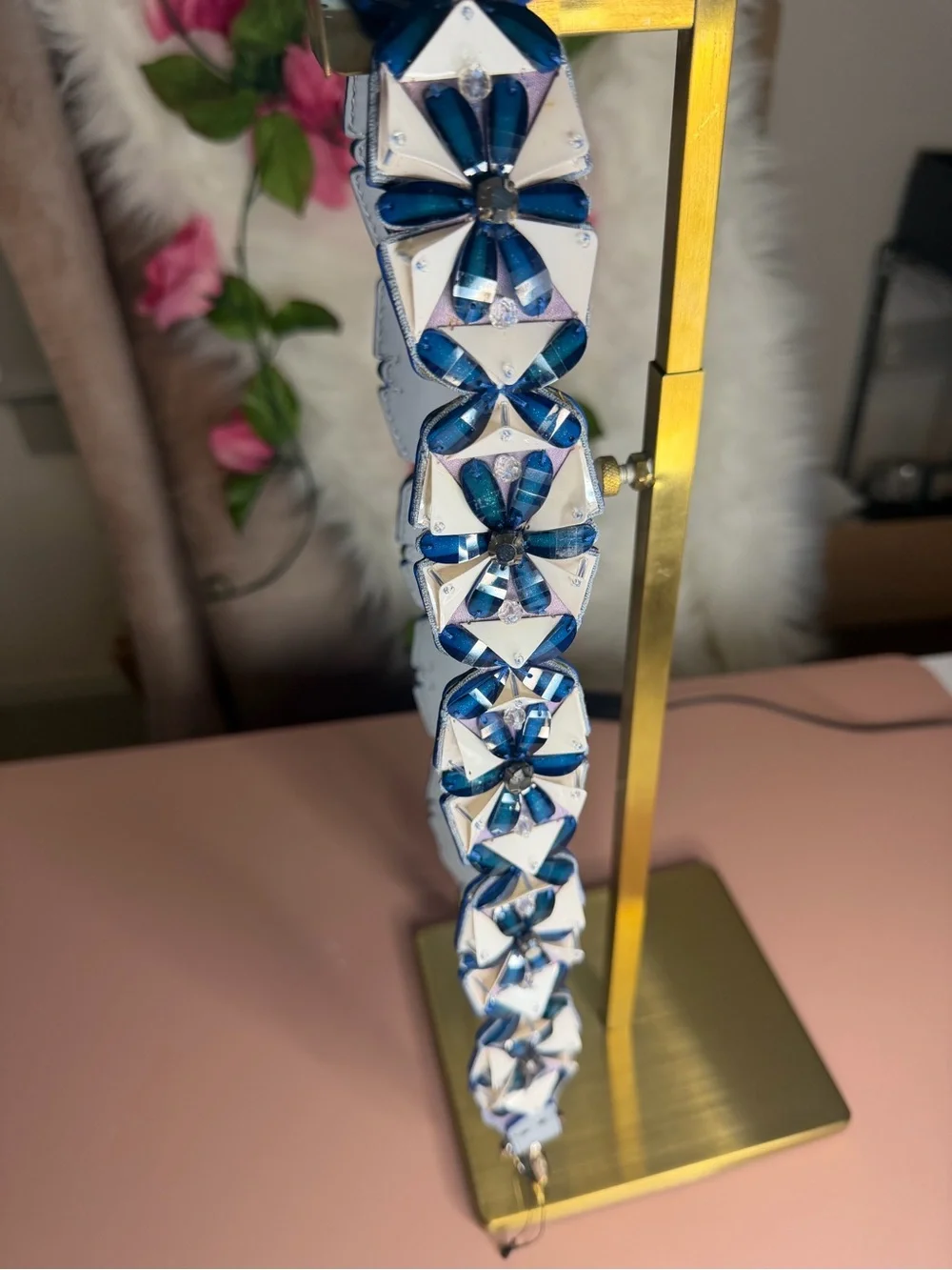 FENDI Light Blue Leather 3D Flower Crystal Strap You Handbag Shoulder Strap